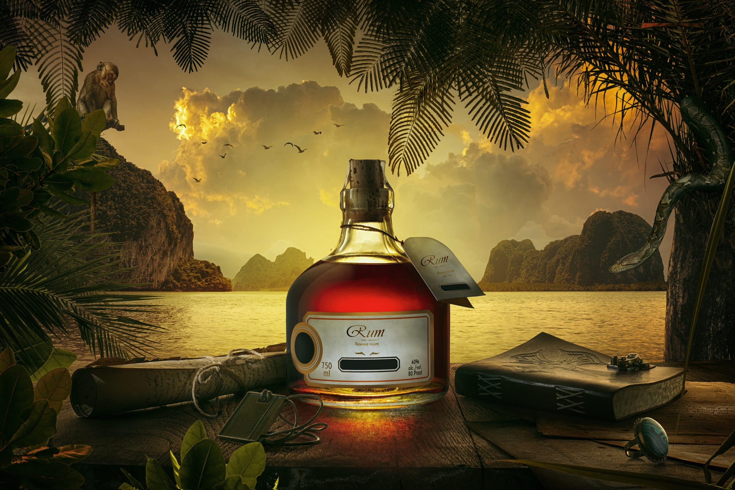 Un coffret cadeau avec une bouteille de rhum, une copie du Kama Sutra