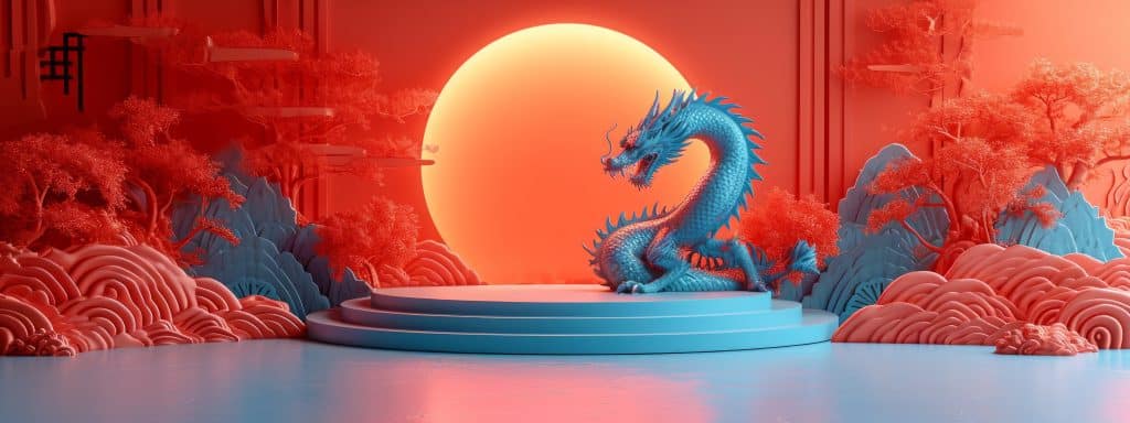 dragon 3d chinese 2024 year gold new lunar cny podium happy background red golden. chinese dragon 3d banner china festive illustration invitation money party green japanese render celebration blue