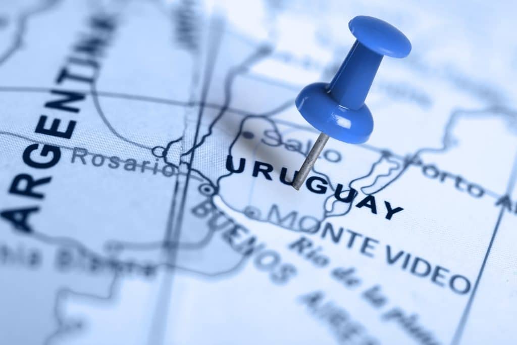 location uruguay. blue pin on the map.