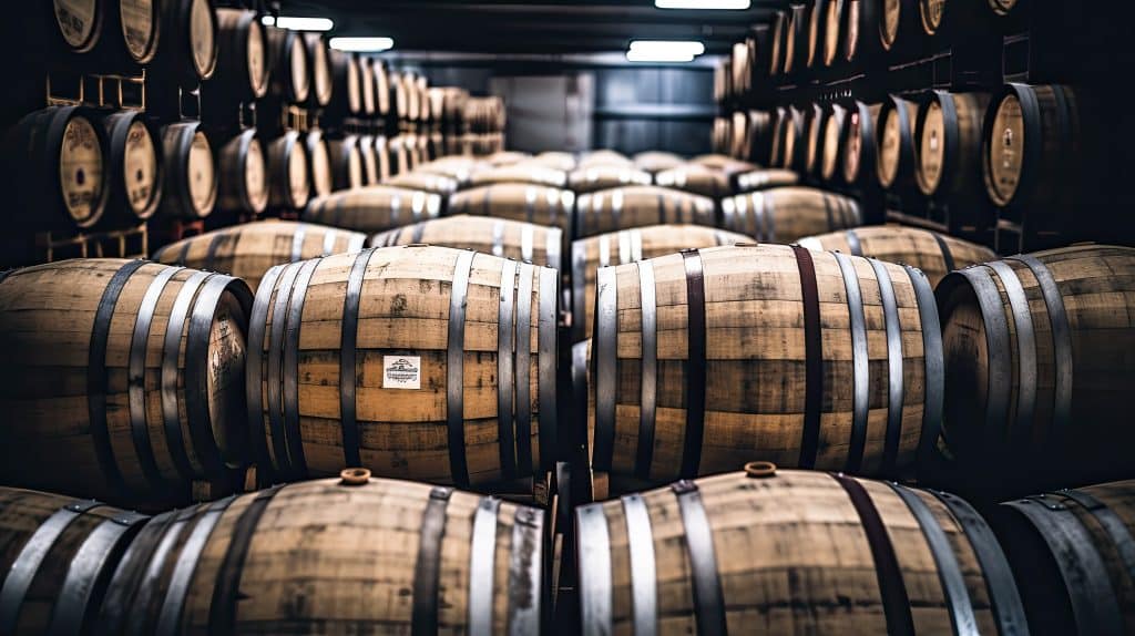 vintage oak barrels of craft beer, whiskey, wine or brandy. wine vaults.