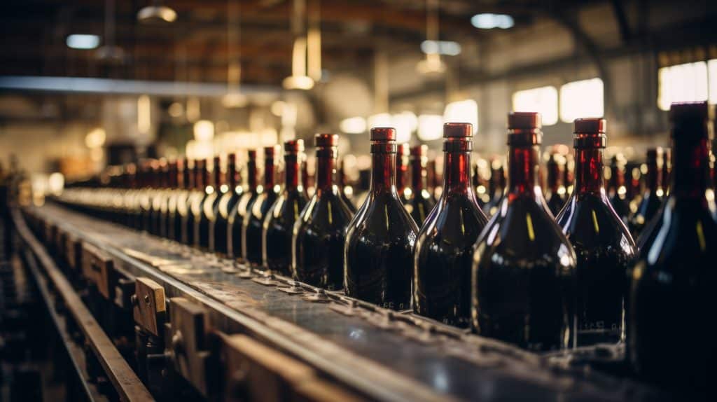 Chaîne de production de bouteilles de vin dans une cave, illustrant la phase de mise en bouteille de la fabrication du vin.