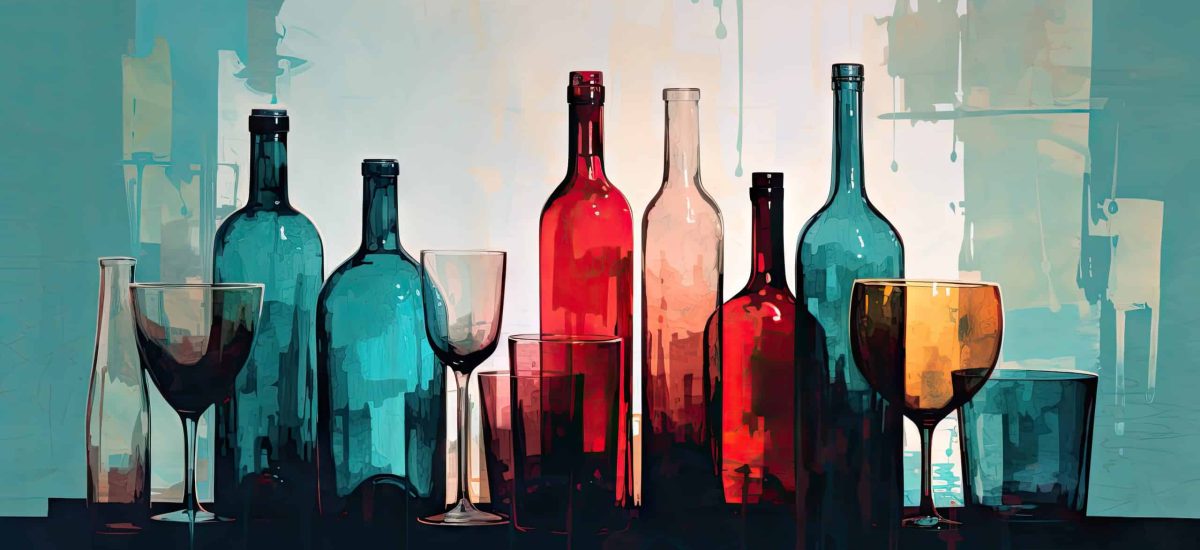 bouteilles et verres de vins colorés