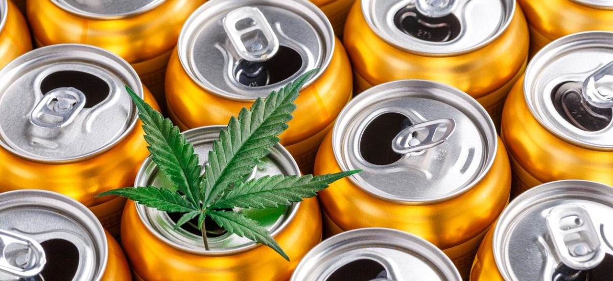 golden beer cans.the sale of products and drinks with addition of hemp (cannabis) beer cans with weed on one of them