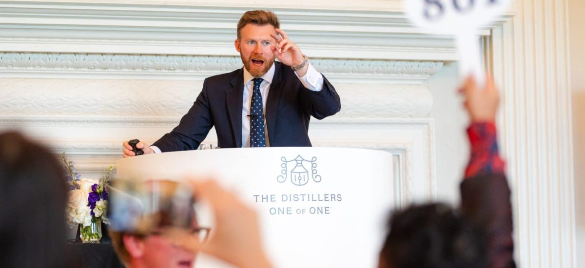 jonny fowle sothebys global head of spirits fielding bids at the distillers one of one auction at hopetoun house 10 october 2025
